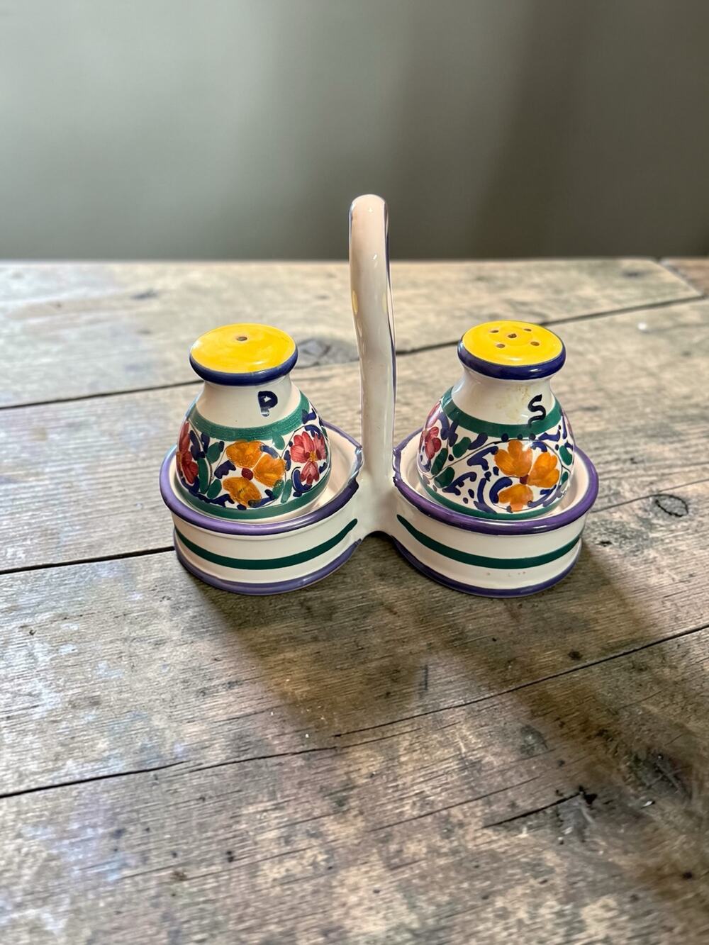 Vintage Deruta Italy Hand-Painted Ceramic Salt & Pepper Set with Caddy